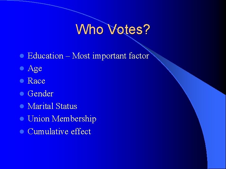 Who Votes? l l l l Education – Most important factor Age Race Gender