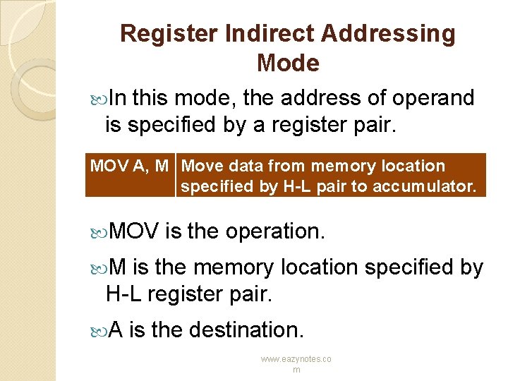 Register Indirect Addressing Mode In this mode, the address of operand is specified by
