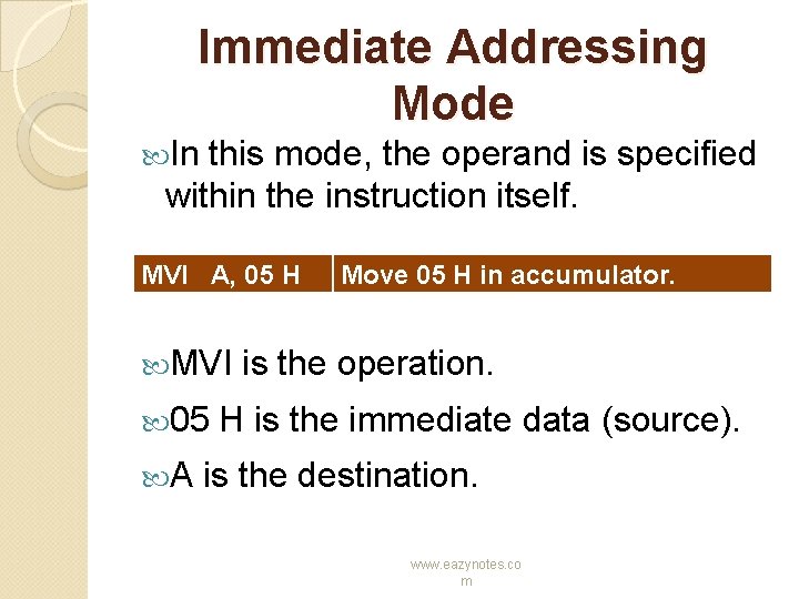 Immediate Addressing Mode In this mode, the operand is specified within the instruction itself.
