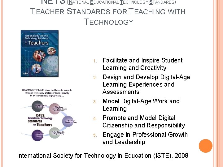 NETS (NATIONAL EDUCATIONAL TECHNOLOGY STANDARDS) TEACHER STANDARDS FOR TEACHING WITH TECHNOLOGY 1. 2. 3.