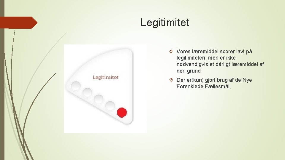 Legitimitet Vores læremiddel scorer lavt på legitimiteten, men er ikke nødvendigvis et dårligt læremiddel Legitimitet Vores læremiddel scorer lavt på legitimiteten, men er ikke nødvendigvis et dårligt læremiddel