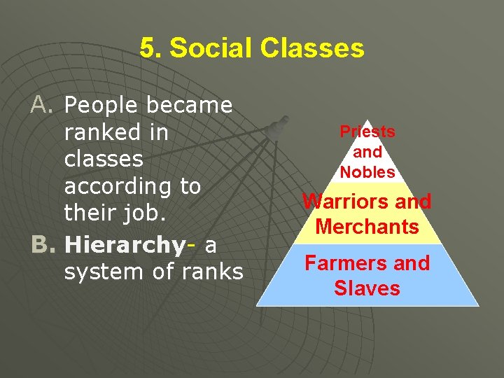 5. Social Classes A. People became ranked in classes according to their job. B.