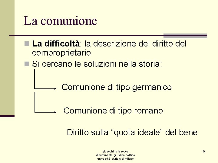 La comunione n La difficoltà: la descrizione del diritto del comproprietario n Si cercano