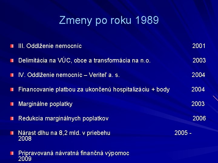 Zmeny po roku 1989 III. Oddlženie nemocníc 2001 Delimitácia na VÚC, obce a transformácia