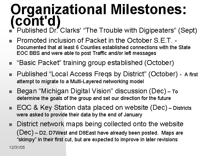 Organizational Milestones: (cont'd) Published Dr. Clarks' “The Trouble with Digipeaters” (Sept) Promoted inclusion of