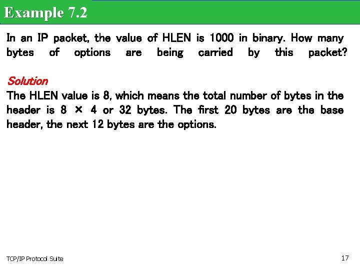 Example 7. 2 In an IP packet, the value of HLEN is 1000 in