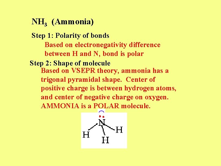 NH 3 (Ammonia) Step 1: Polarity of bonds Based on electronegativity difference between H