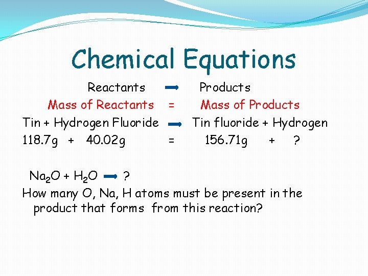 Chemical Equations Reactants Mass of Reactants = Tin + Hydrogen Fluoride 118. 7 g Chemical Equations Reactants Mass of Reactants = Tin + Hydrogen Fluoride 118. 7 g