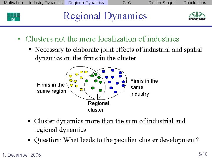 Motivation Industry Dynamics Regional Dynamics CLC Cluster Stages Conclusions Regional Dynamics ISI • Clusters