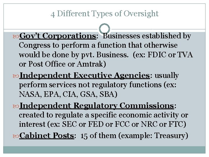 4 Different Types of Oversight Gov’t Corporations: Businesses established by Congress to perform a 4 Different Types of Oversight Gov’t Corporations: Businesses established by Congress to perform a