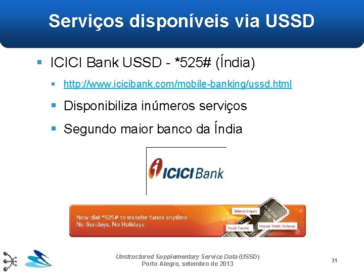 Serviços disponíveis via USSD § ICICI Bank USSD - *525# (Índia) § http: //www.