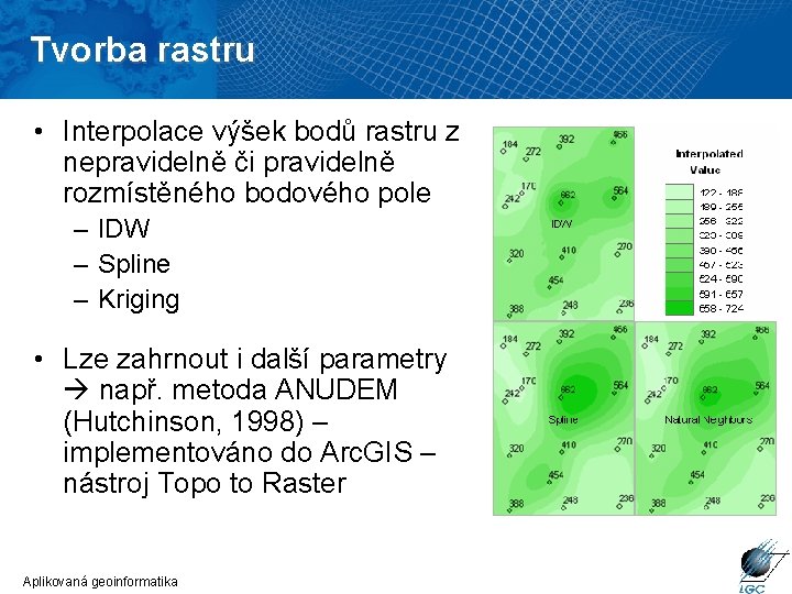 Tvorba rastru • Interpolace výšek bodů rastru z nepravidelně či pravidelně rozmístěného bodového pole