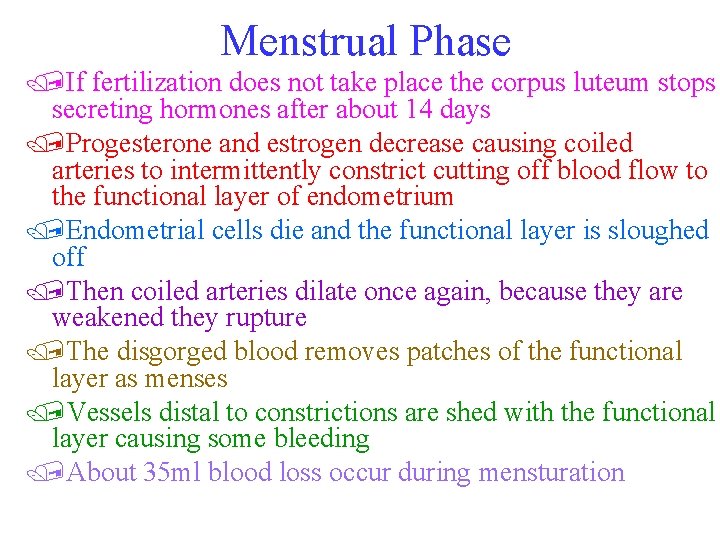 Menstrual Phase /If fertilization does not take place the corpus luteum stops secreting hormones