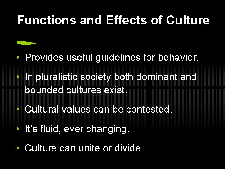 Functions and Effects of Culture • Provides useful guidelines for behavior. • In pluralistic