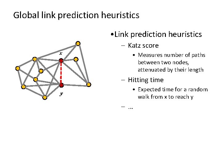 Global link prediction heuristics • Link prediction heuristics – Katz score x • Measures