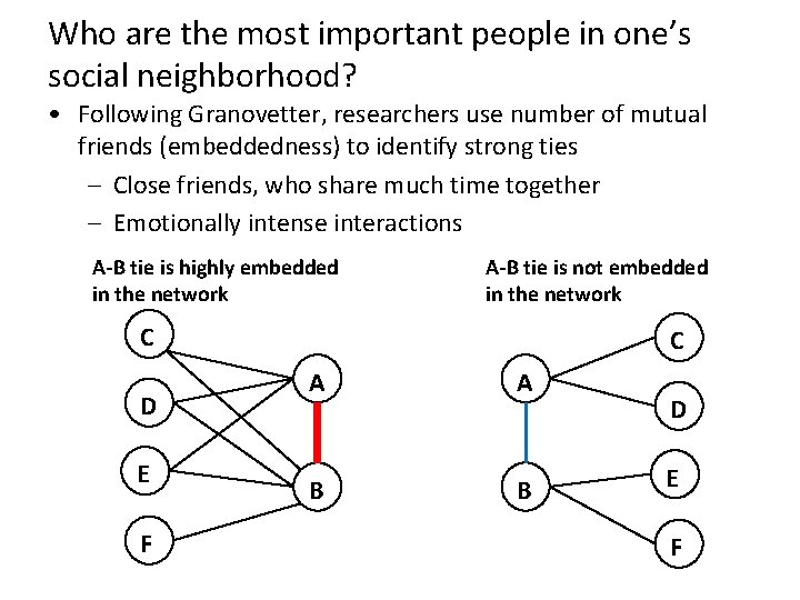 Who are the most important people in one’s social neighborhood? • Following Granovetter, researchers