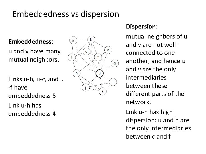 Embeddedness vs dispersion Embeddedness: u and v have many mutual neighbors. Links u-b, u-c,