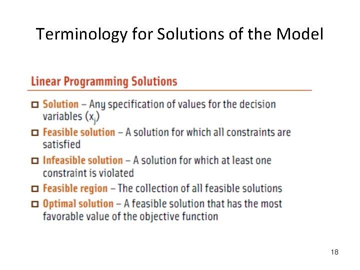 Terminology for Solutions of the Model 18 