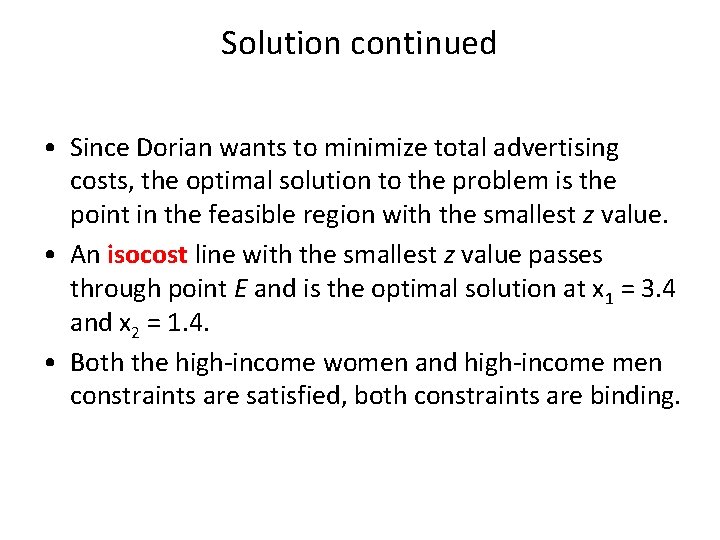 Solution continued • Since Dorian wants to minimize total advertising costs, the optimal solution