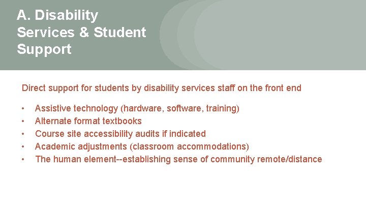 A. Disability Services & Student Support Direct support for students by disability services staff A. Disability Services & Student Support Direct support for students by disability services staff