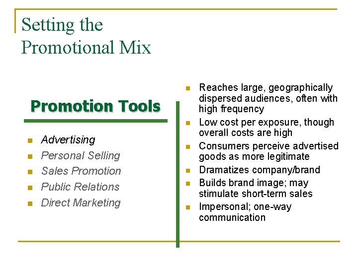 Setting the Promotional Mix n Promotion Tools n n n Advertising Personal Selling Sales Setting the Promotional Mix n Promotion Tools n n n Advertising Personal Selling Sales