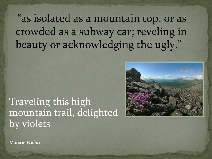  “as isolated as a mountain top, or as crowded as a subway car;