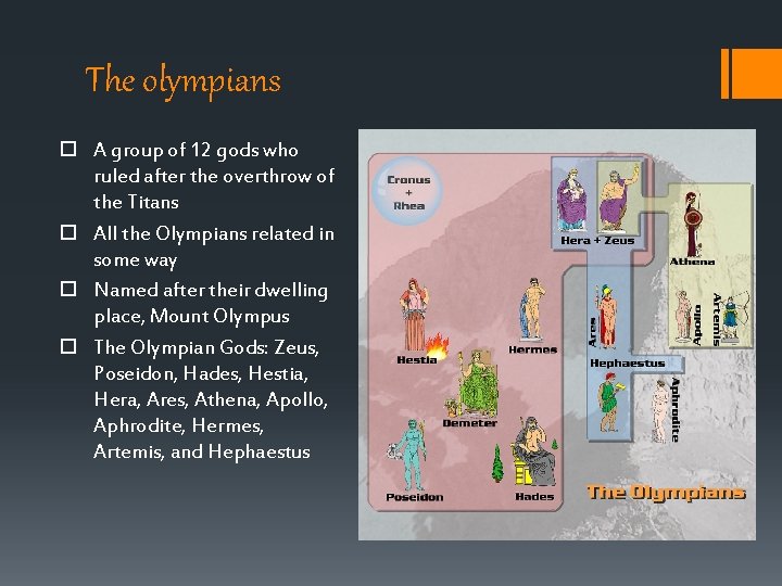 The olympians A group of 12 gods who ruled after the overthrow of the The olympians A group of 12 gods who ruled after the overthrow of the