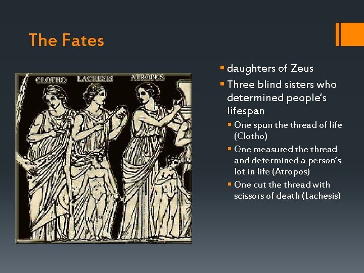 The Fates § daughters of Zeus § Three blind sisters who determined people’s The Fates § daughters of Zeus § Three blind sisters who determined people’s