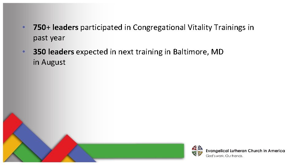  • 750+ leaders participated in Congregational Vitality Trainings in past year • 350