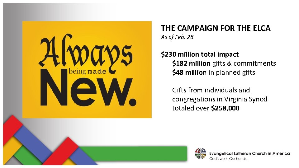 THE CAMPAIGN FOR THE ELCA As of Feb. 28 $230 million total impact $182