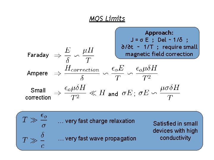 MQS Limits Approach: J = σ E ; Del ~ 1/δ ; ∂/∂t ~