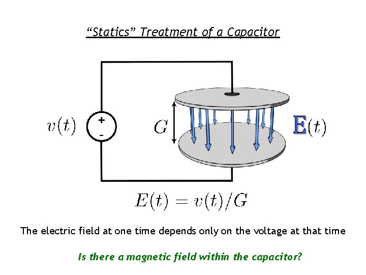 “Statics” Treatment of a Capacitor E The electric field at one time depends only “Statics” Treatment of a Capacitor E The electric field at one time depends only