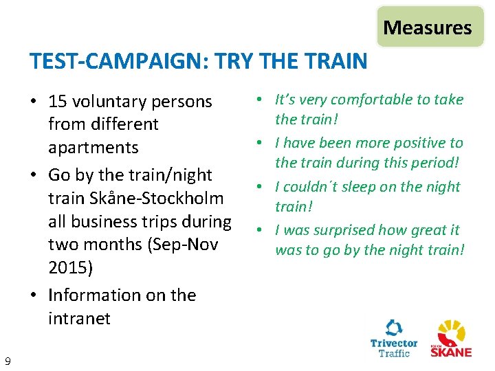 Measures TEST-CAMPAIGN: TRY THE TRAIN • 15 voluntary persons from different apartments • Go
