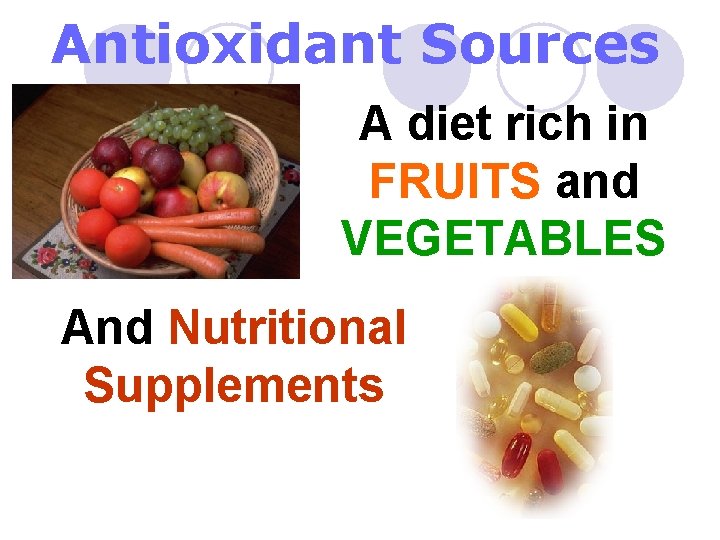 Antioxidant Sources A diet rich in FRUITS and VEGETABLES And Nutritional Supplements 