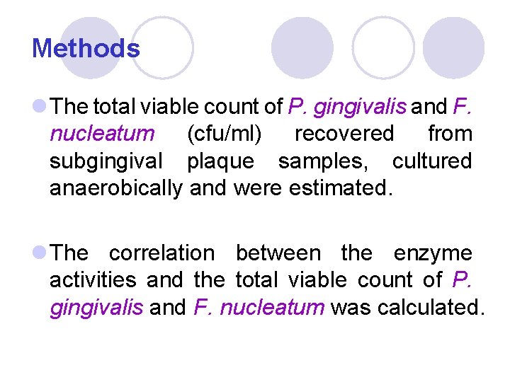 Methods l The total viable count of P. gingivalis and F. nucleatum (cfu/ml) recovered