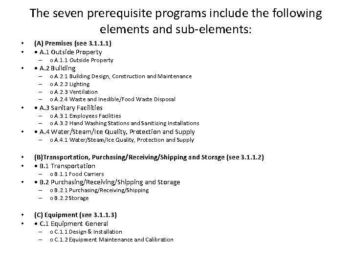 The seven prerequisite programs include the following elements and sub-elements: • • (A) Premises