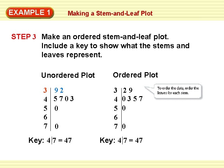 EXAMPLE 1 Making a Stem-and-Leaf Plot STEP 3 Make an ordered stem-and-leaf plot. Include EXAMPLE 1 Making a Stem-and-Leaf Plot STEP 3 Make an ordered stem-and-leaf plot. Include