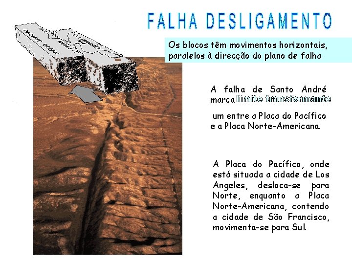 Os blocos têm movimentos horizontais, paralelos à direcção do plano de falha A falha Os blocos têm movimentos horizontais, paralelos à direcção do plano de falha A falha