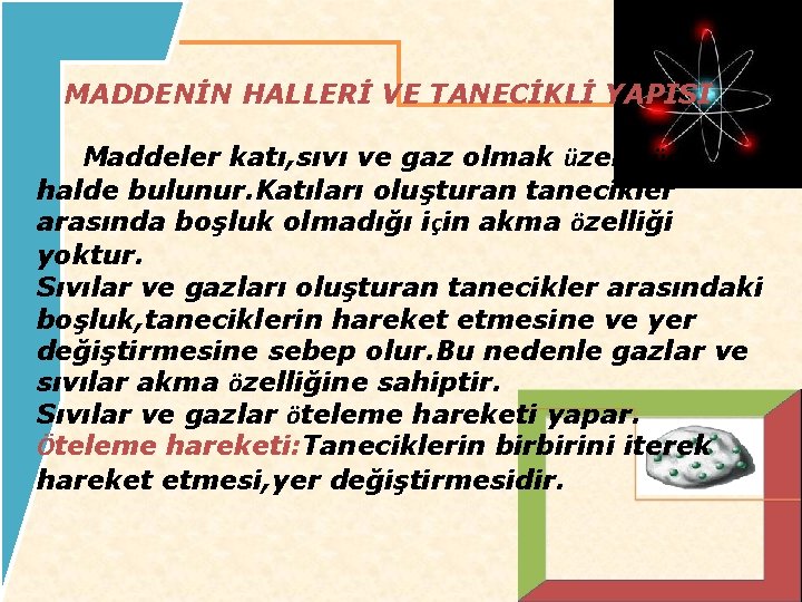 MADDENİN HALLERİ VE TANECİKLİ YAPISI Maddeler katı, sıvı ve gaz olmak üzere üç halde