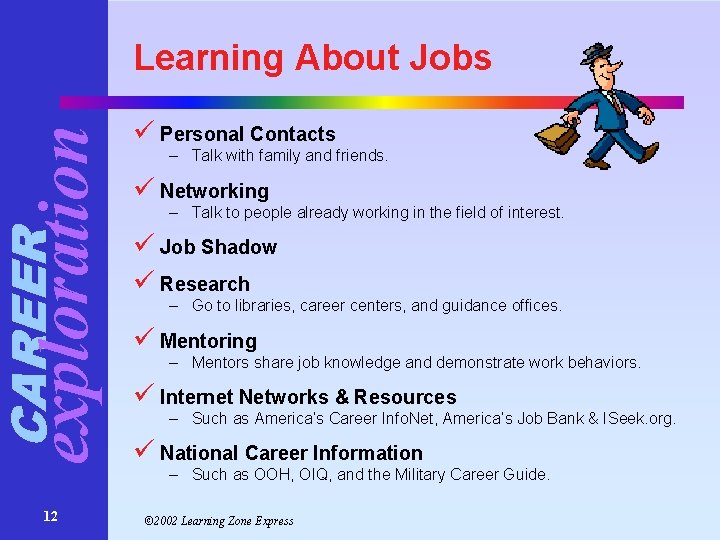 CAREER exploration Learning About Jobs ü Personal Contacts – Talk with family and friends. CAREER exploration Learning About Jobs ü Personal Contacts – Talk with family and friends.
