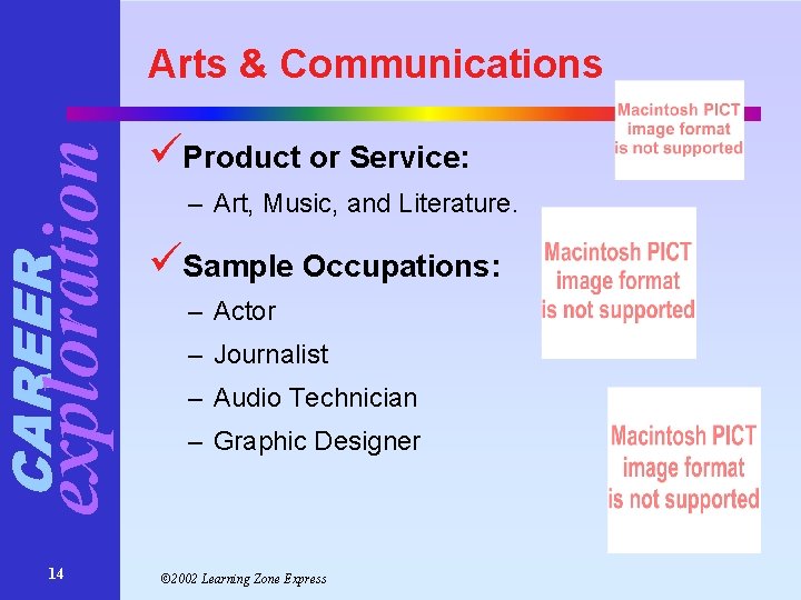 CAREER exploration Arts & Communications 14 üProduct or Service: – Art, Music, and Literature. CAREER exploration Arts & Communications 14 üProduct or Service: – Art, Music, and Literature.