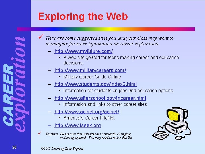 ü Here are some suggested sites you and your class may want to investigate ü Here are some suggested sites you and your class may want to investigate