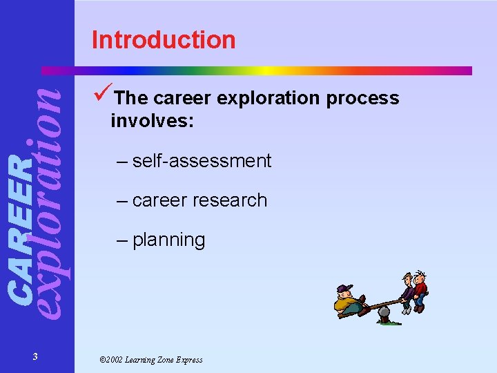 CAREER exploration Introduction 3 üThe career exploration process involves: – self-assessment – career research CAREER exploration Introduction 3 üThe career exploration process involves: – self-assessment – career research