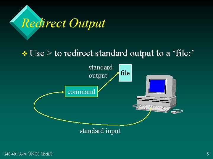 Redirect Output v Use > to redirect standard output to a ‘file: ’ standard