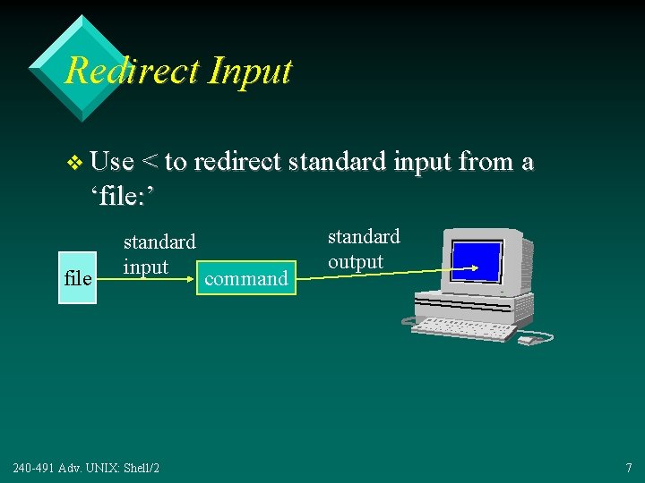 Redirect Input v Use < to redirect standard input from a ‘file: ’ file