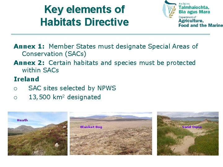 Key elements of Habitats Directive Annex 1: Member States must designate Special Areas of