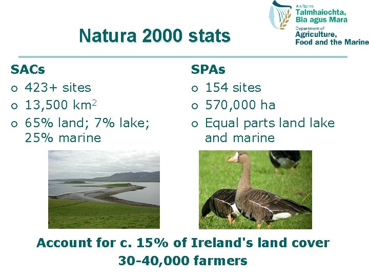 Natura 2000 stats SACs ¡ 423+ sites ¡ 13, 500 km 2 ¡ 65%