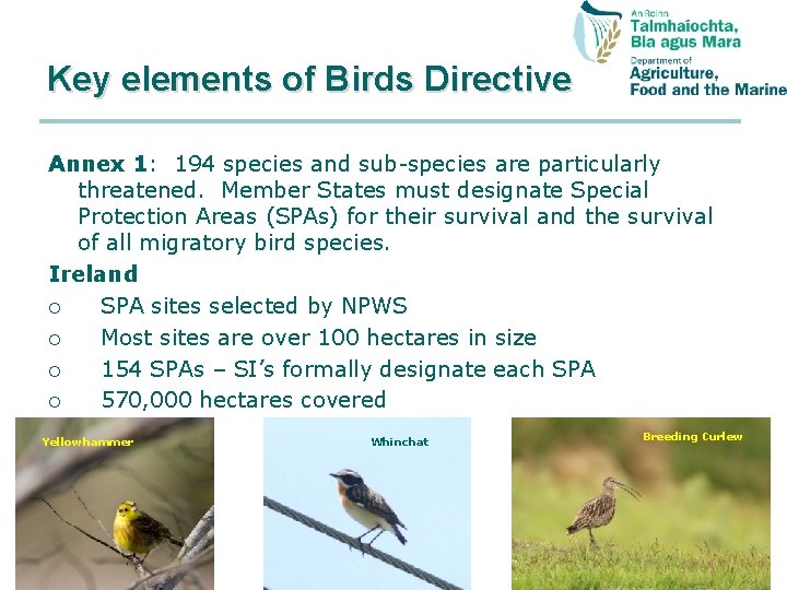 Key elements of Birds Directive Annex 1: 194 species and sub-species are particularly threatened.