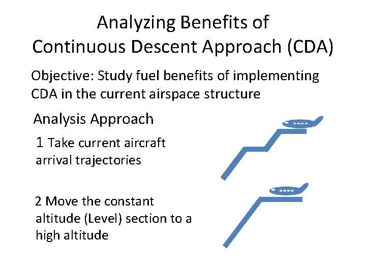 Analyzing Benefits of Continuous Descent Approach (CDA) Objective: Study fuel benefits of implementing CDA