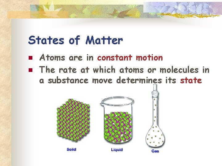 States of Matter n n Atoms are in constant motion The rate at which